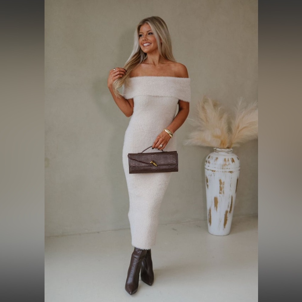These Three Boutique Fuzzy Fold Over Sweater Dress Beige